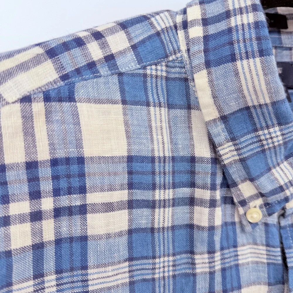J Crew Slim Fit Blue Plaid Linen Button Down Shirt XL F0850